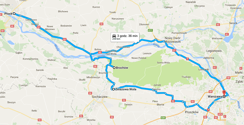 Mapa wycieczki w okolice Warszawy